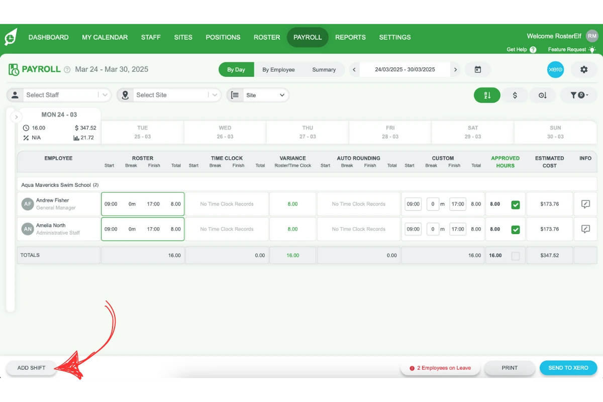 Screenshot highlighting the Add shift option