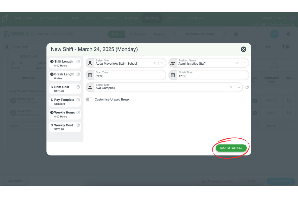 Screenshot showing how to save the unrostered shift