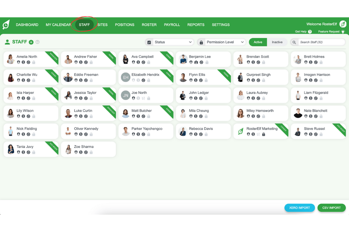 Staff tab in RosterElf top menu