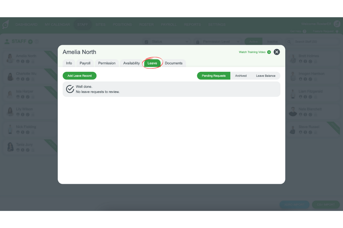 Leave tab within staff member profile