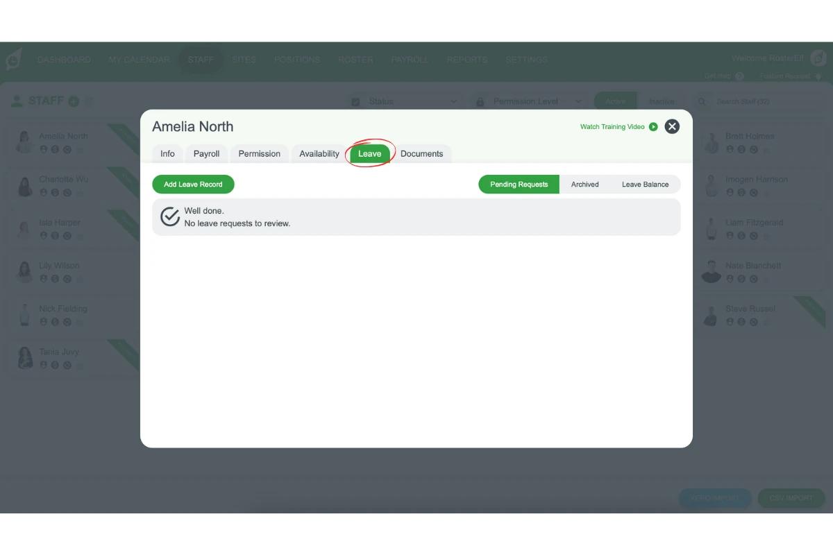 Leave tab within staff member profile