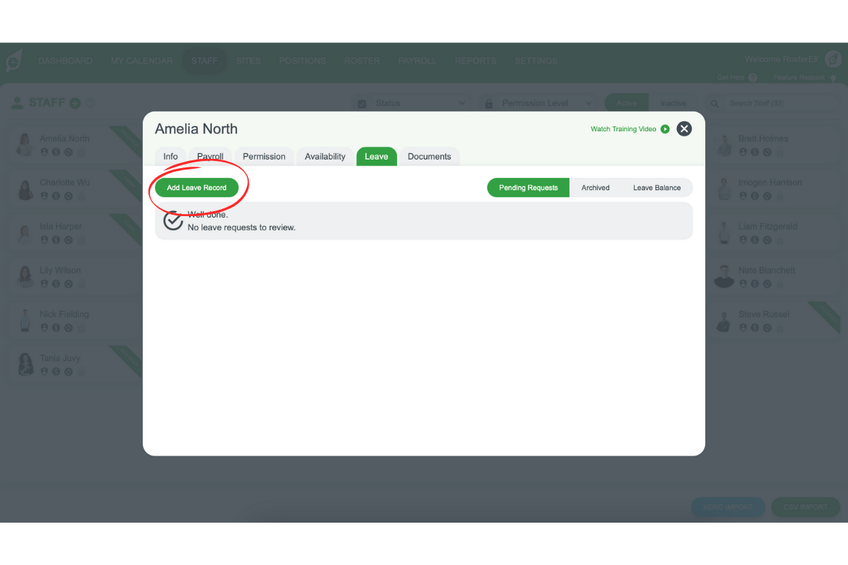 Add Leave Record button in staff Leave tab