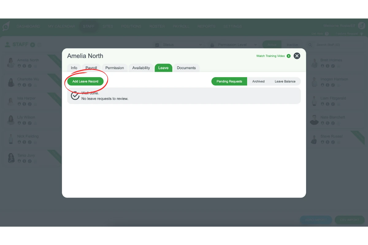 Add Leave Record button in staff Leave tab