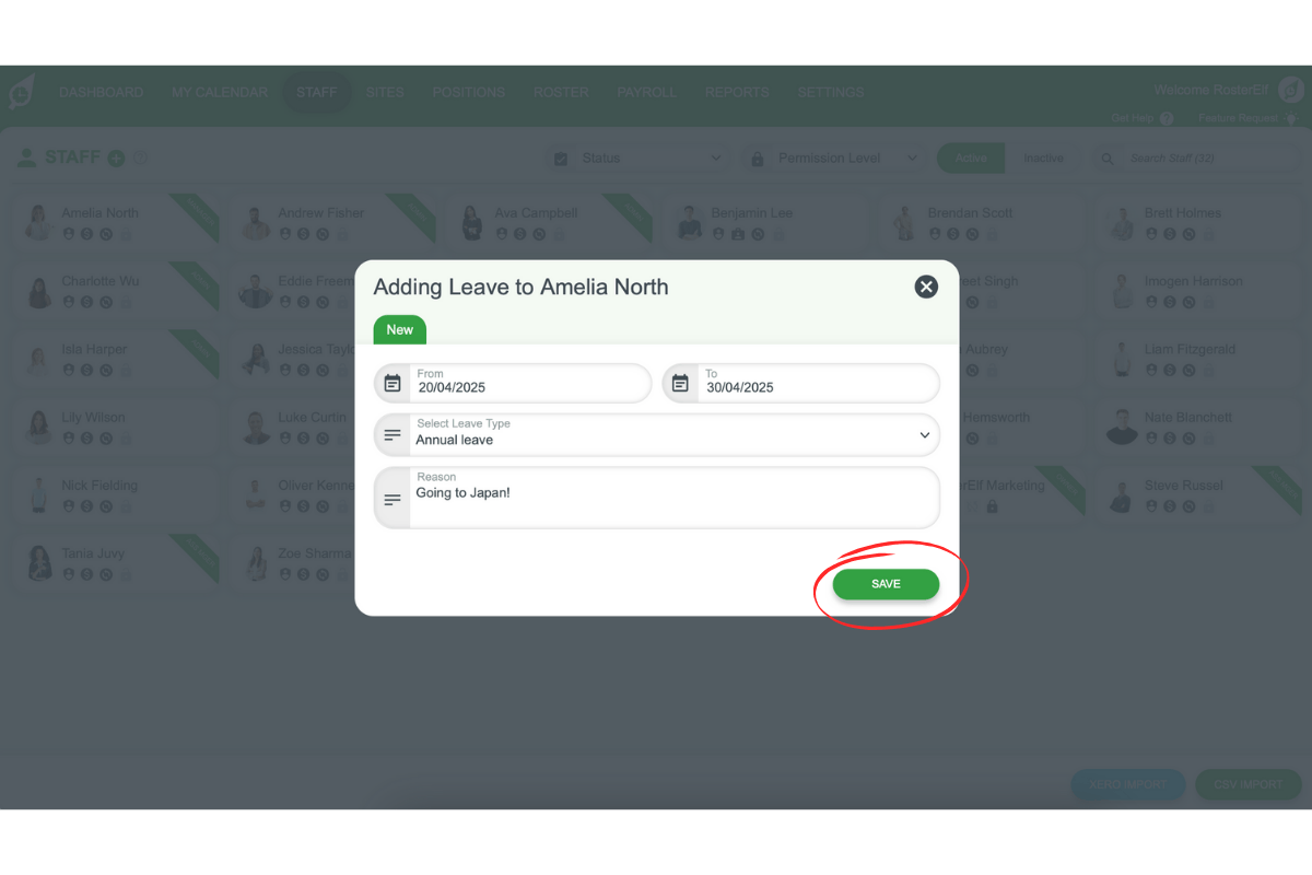 Popup with leave details fields (date range, type, reason)