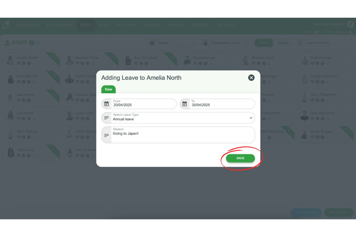 Popup with leave details fields (date range, type, reason)