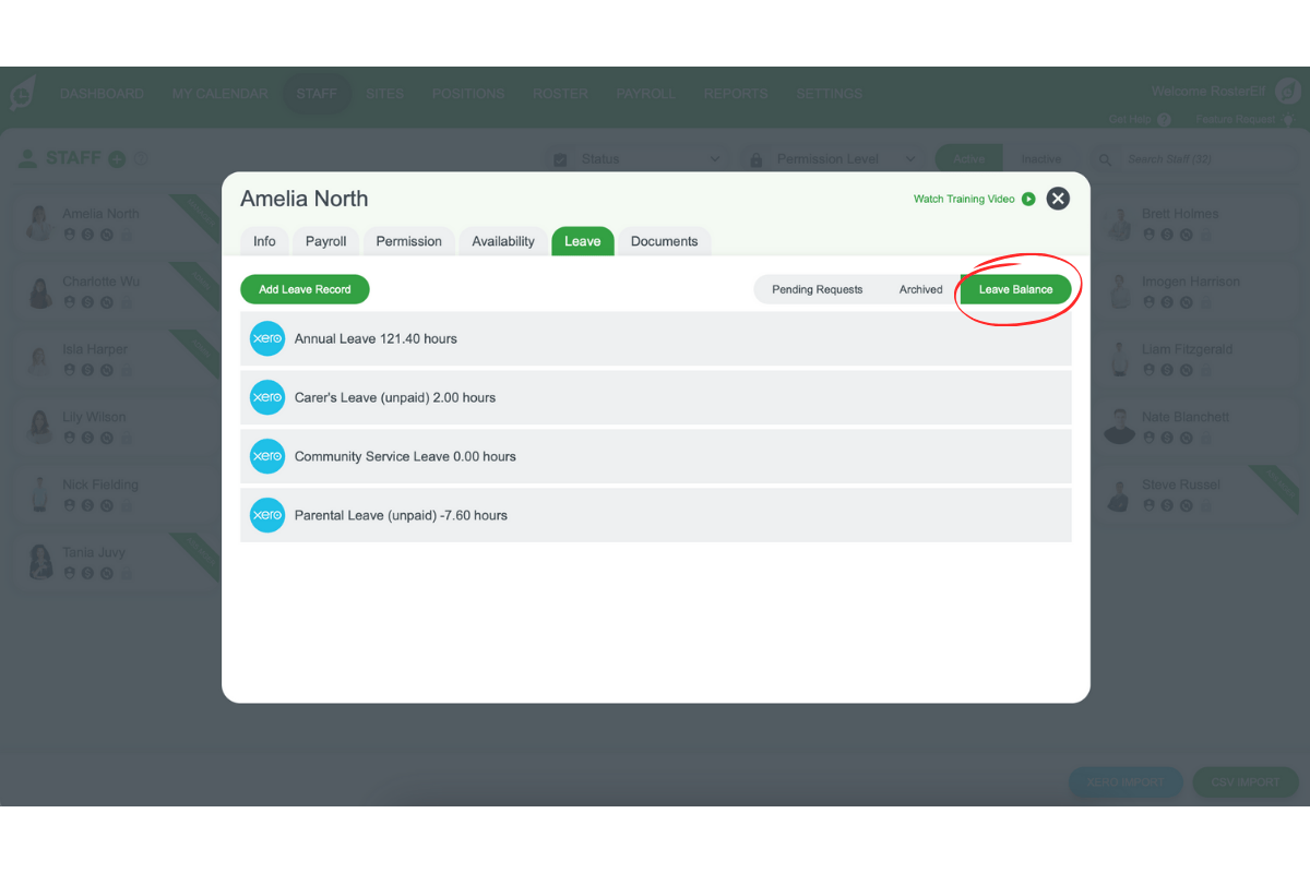 Leave Balance tab in RosterElf for Xero users