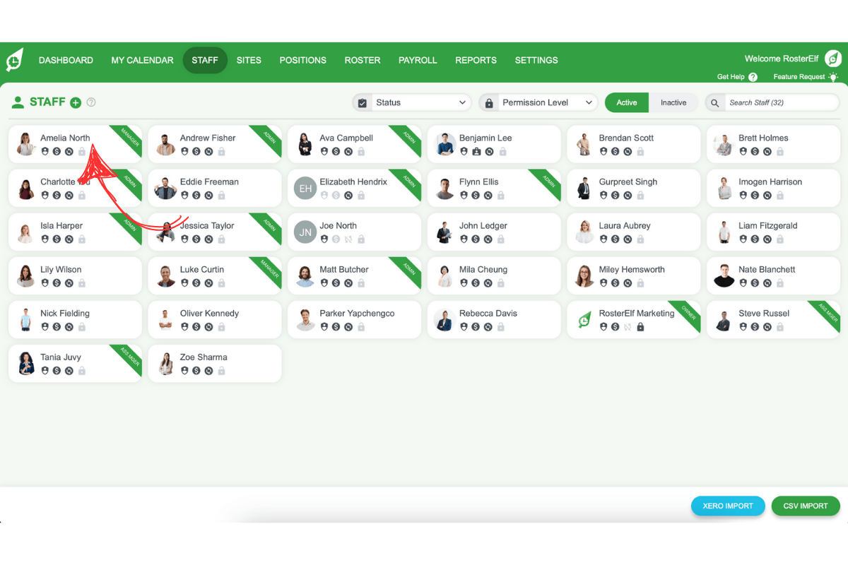List of staff members in RosterElf