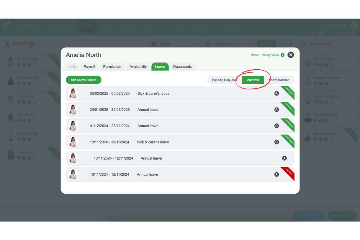 Archived leave records tab in RosterElf