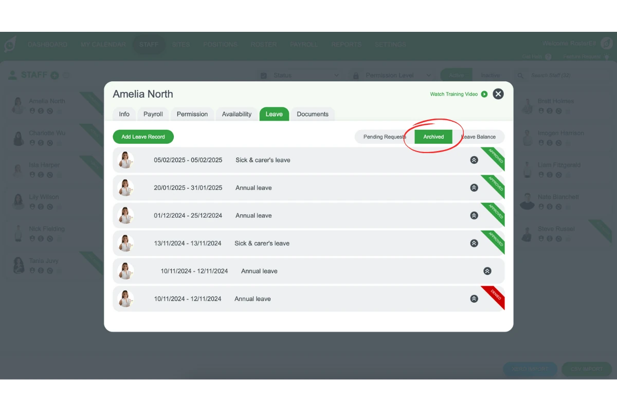 Archived leave records tab in RosterElf