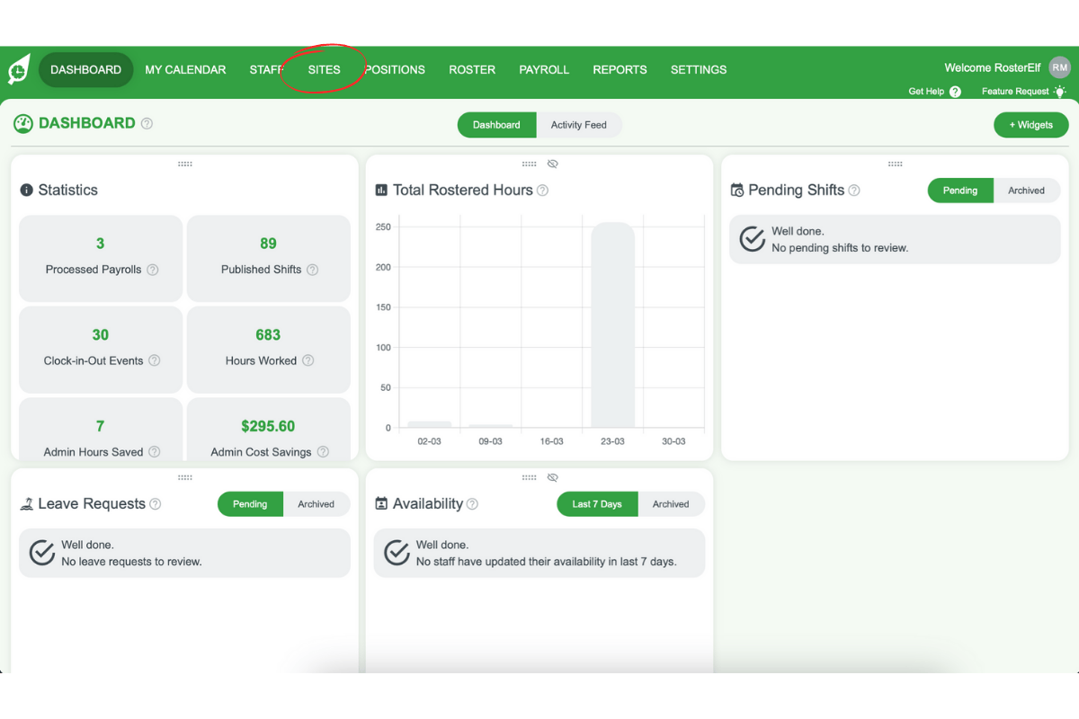 Screenshot illustrating the 'Sites' option in the top menu