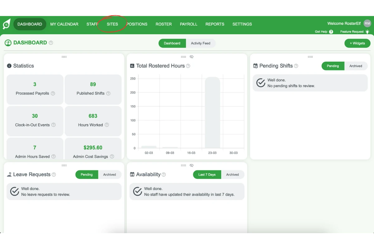 Screenshot illustrating the 'Sites' option in the top menu