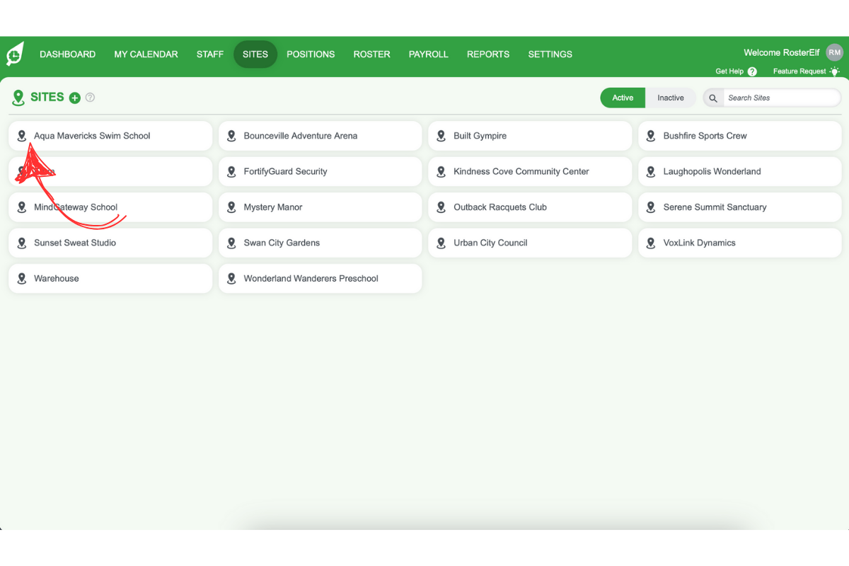 Screenshot showing the list of sites for user selection