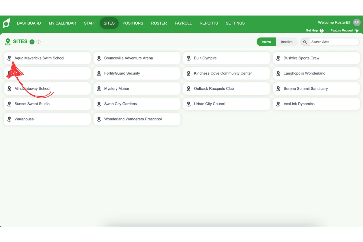 Screenshot showing the list of sites for user selection