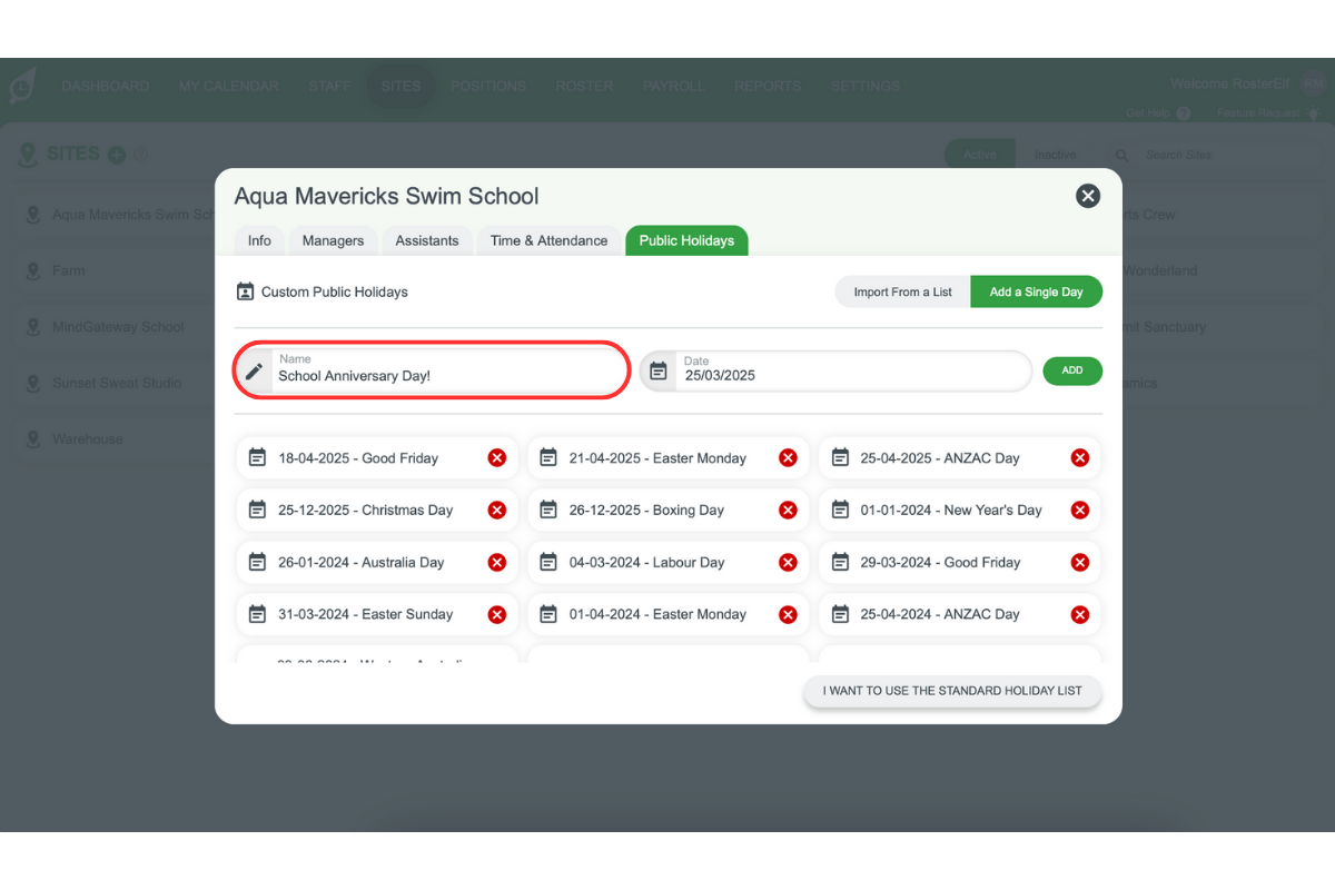 Screenshot illustrating the field to enter a new holiday's name