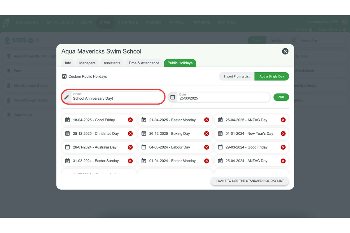 Screenshot illustrating the field to enter a new holiday\'s name