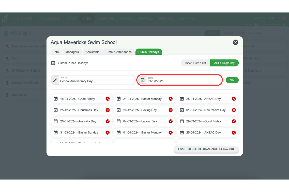 Screenshot showing the date selection for the new public holiday