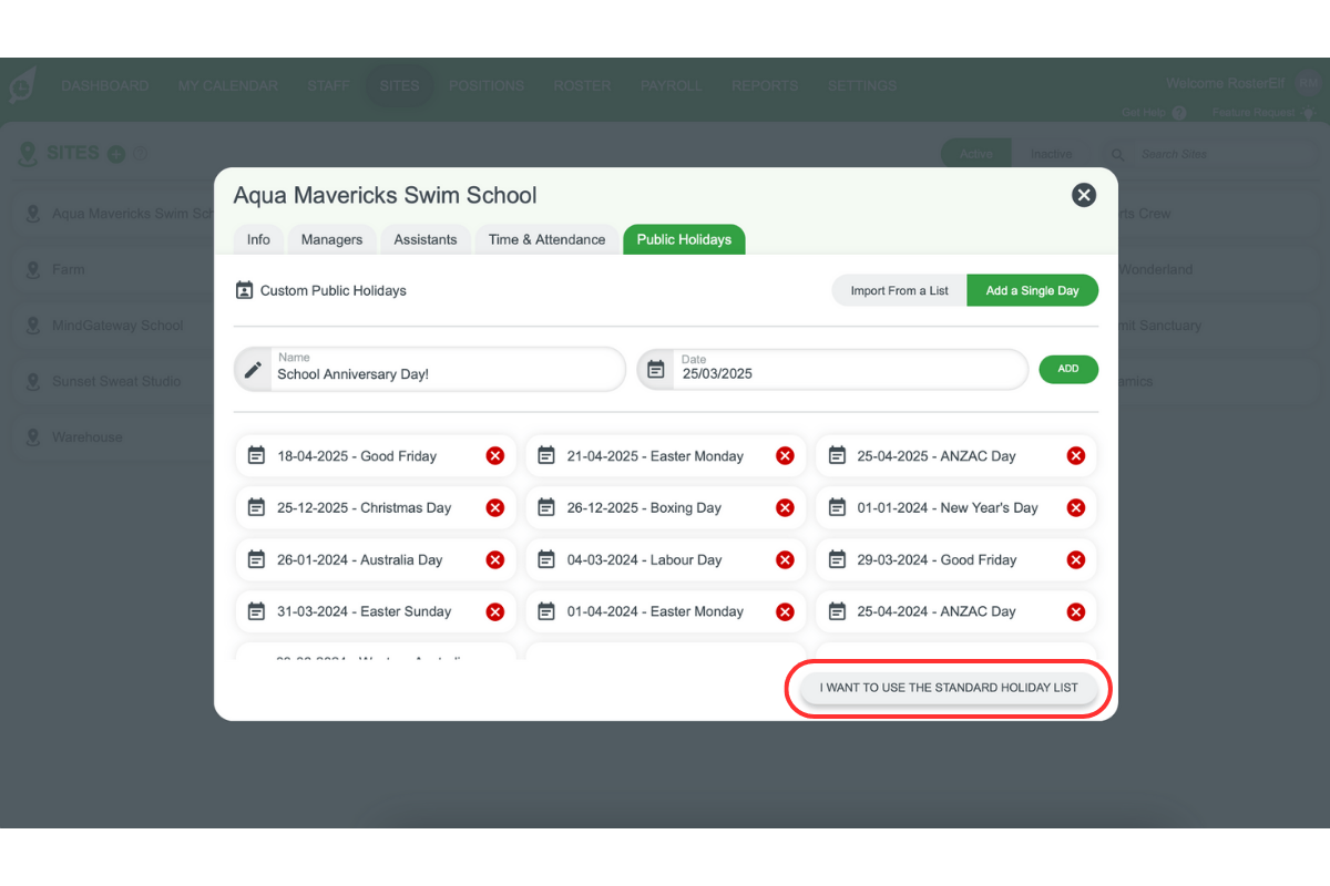 Screenshot showing the 'I want to use the standard holiday list' link