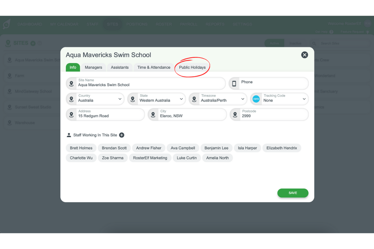 Screenshot highlighting the 'Public Holidays' tab in the pop-up