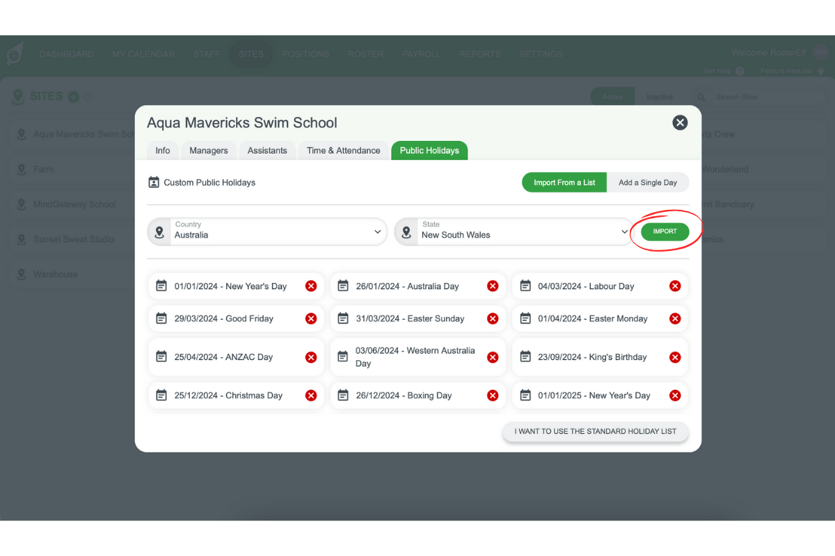 Screenshot showing the 'Import' button to load public holidays