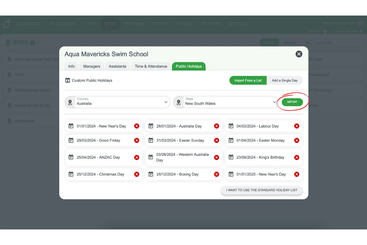 Screenshot showing the 'Import' button to load public holidays
