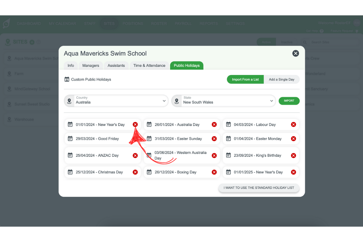 Screenshot indicating the red 'x' for deleting a public holiday entry