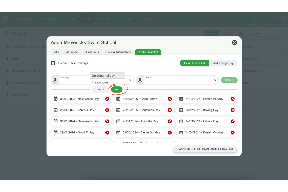 Screenshot showing the confirmation pop-up after selecting the holiday for deletion