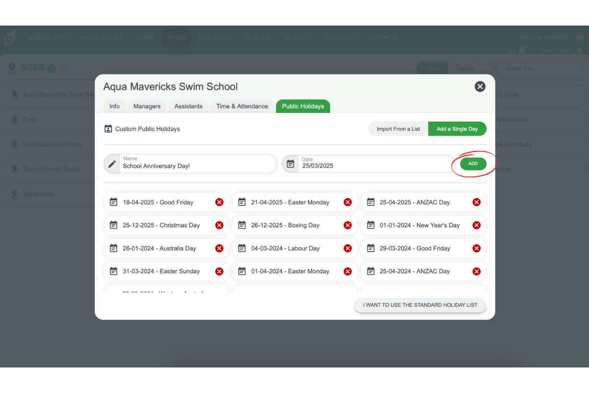 Screenshot displaying the final Add button for confirming the new holiday