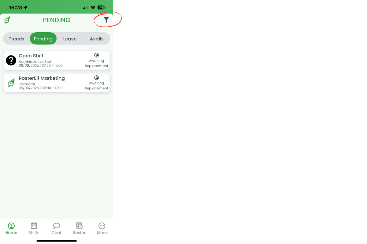 Filter icon highlighted on Pending header