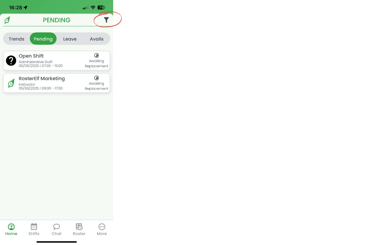Filter icon highlighted on Pending header