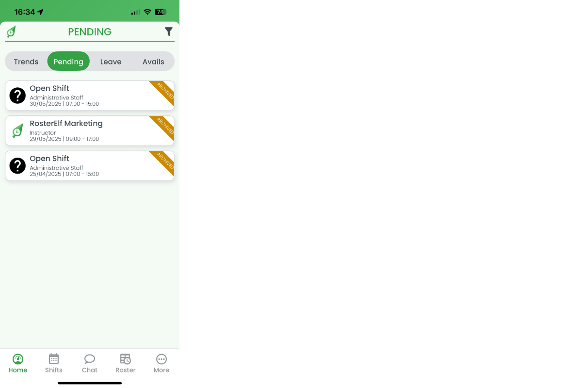 Archived shift swaps list with one request opened