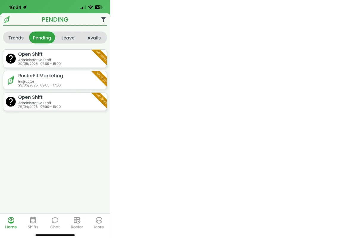 Archived shift swaps list with one request opened