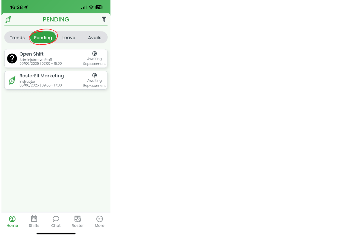 Pending tab highlighted in Home dashboard