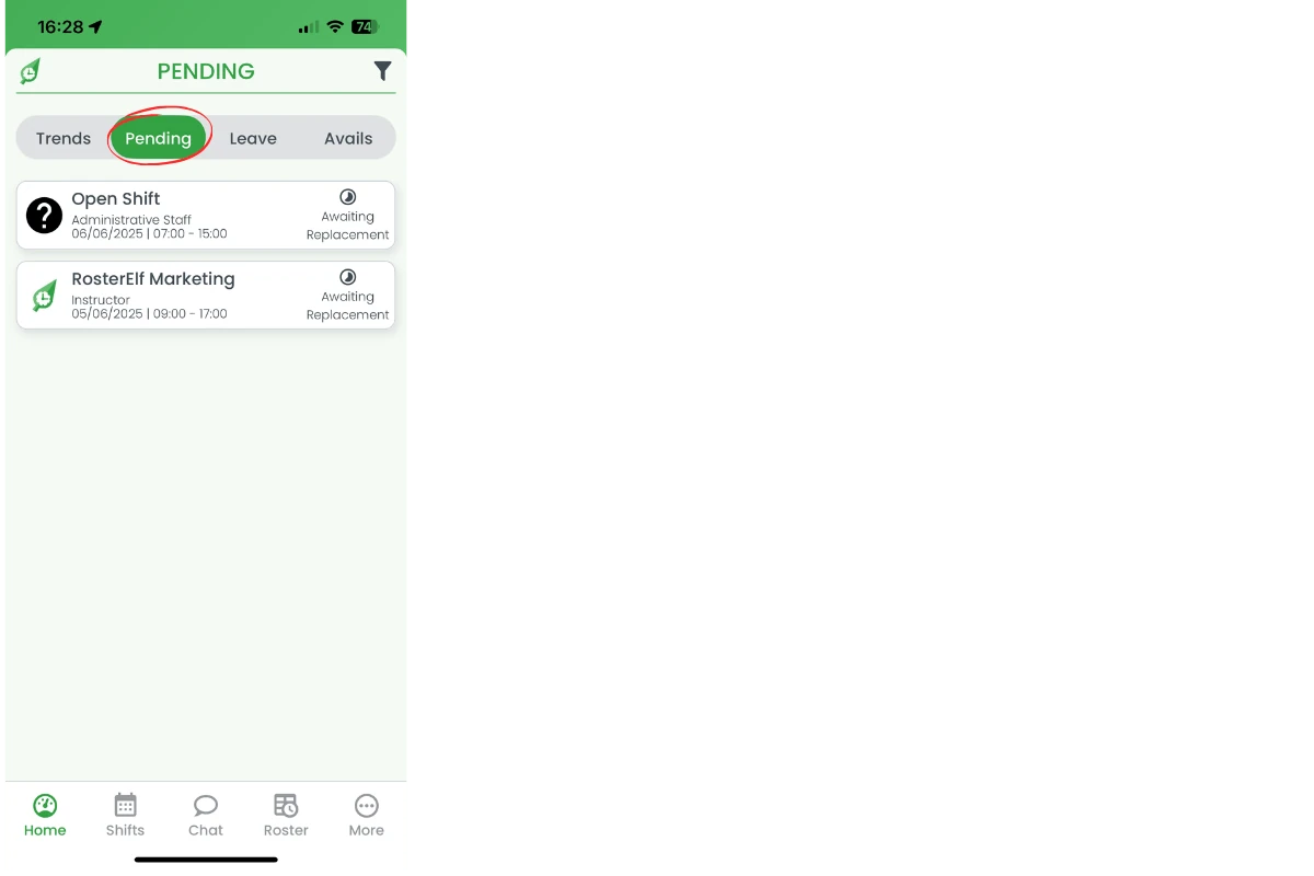 Pending tab highlighted in Home dashboard