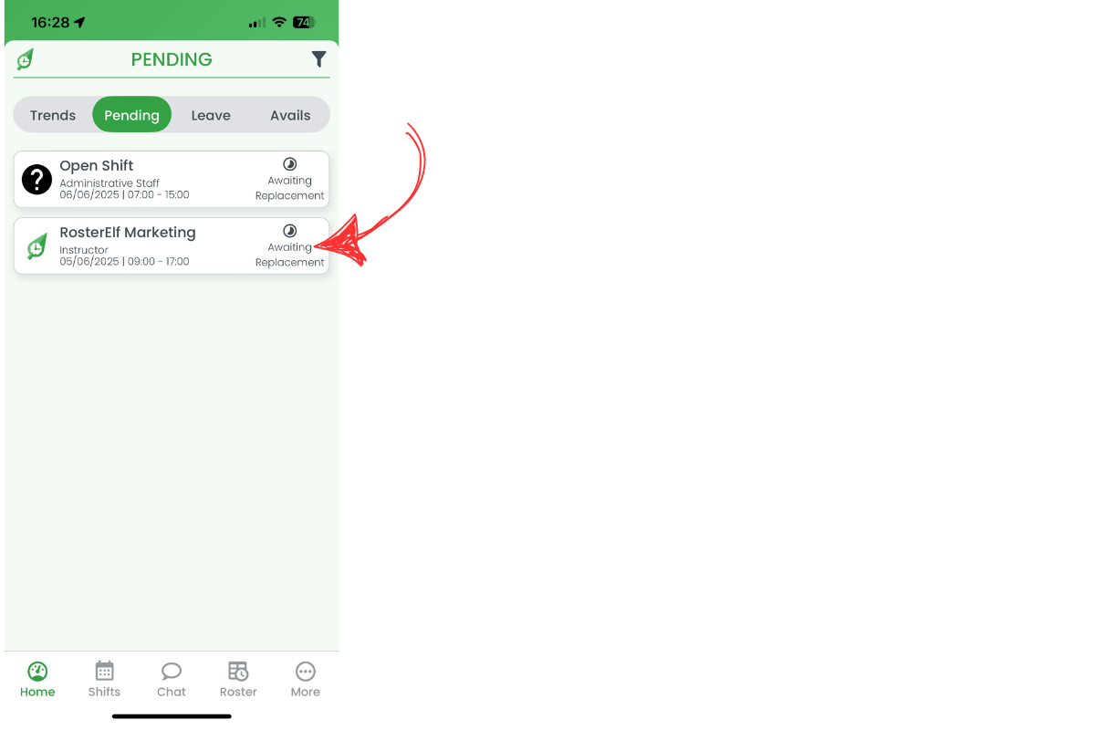 Shift swap card selected in Pending list