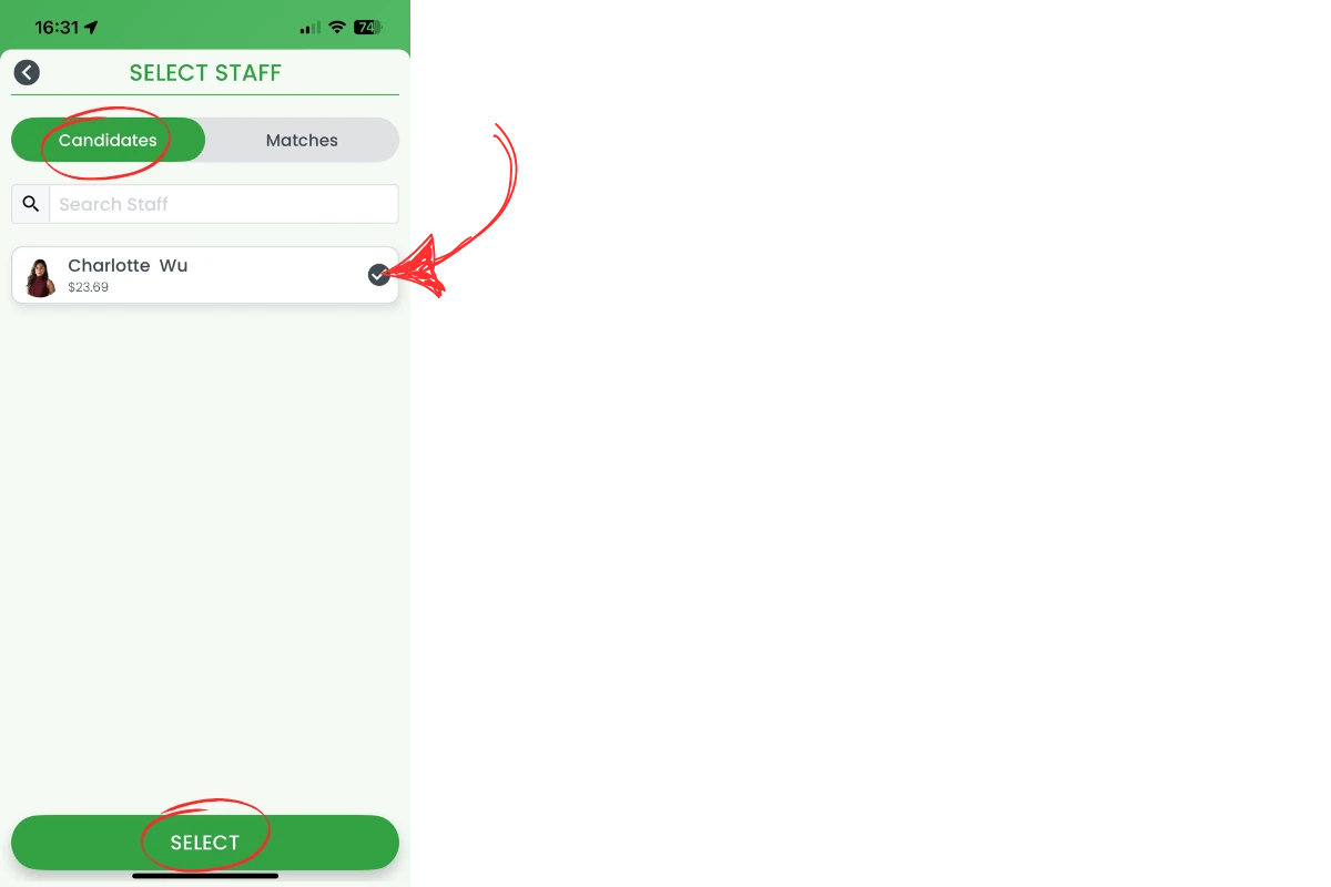 Candidates list with Save button circled
