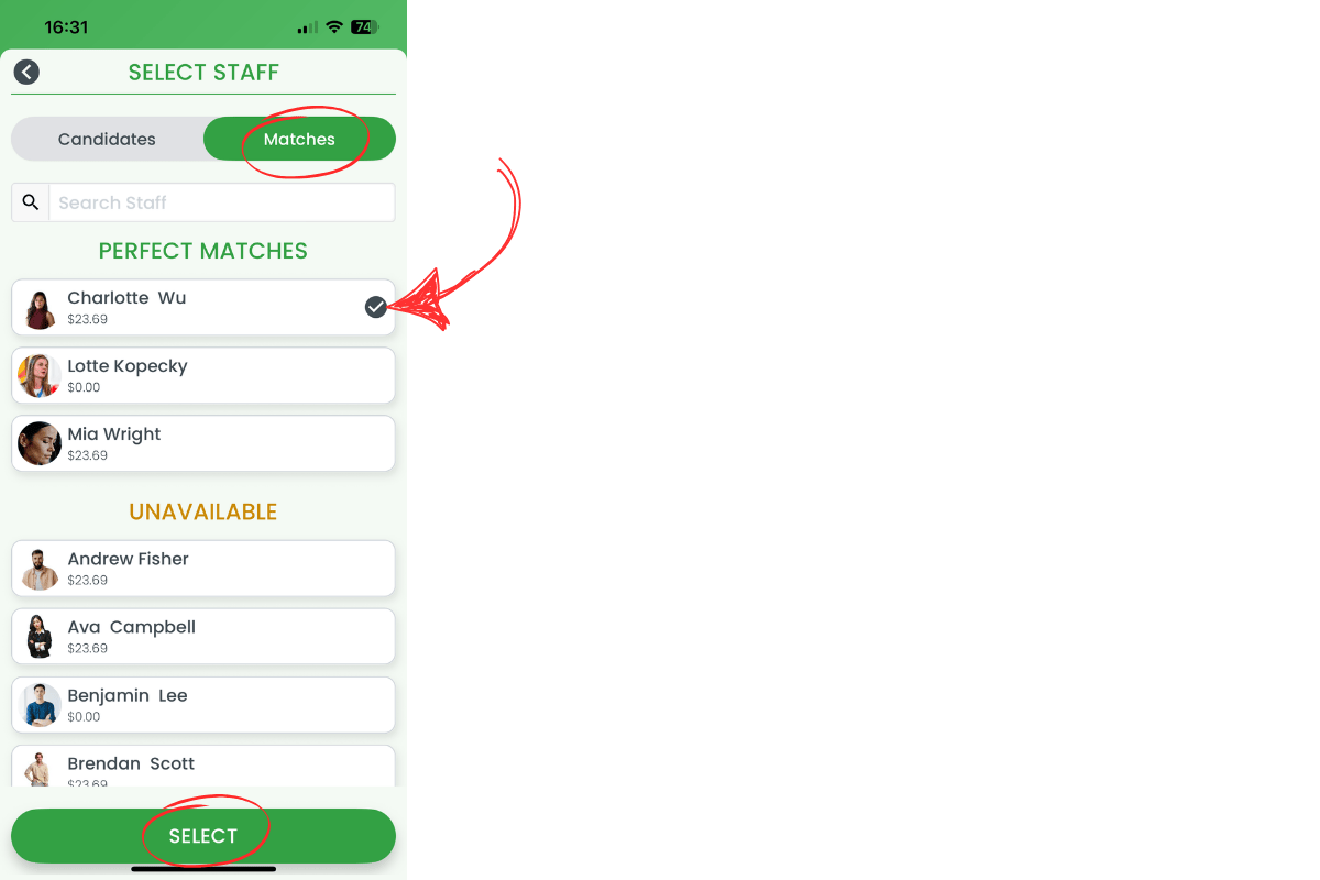 Matches list showing best fit candidate