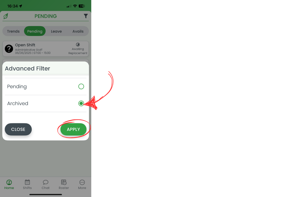 Archived filter selected with Apply button circled
