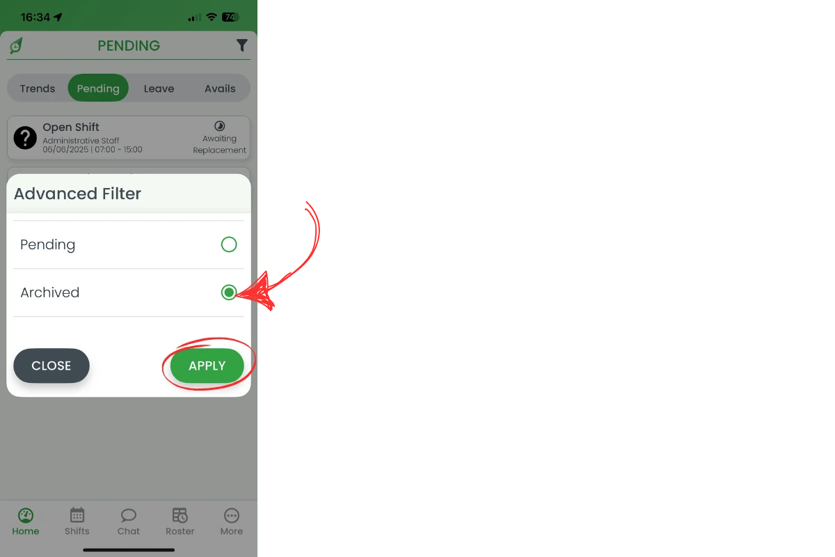 Archived filter selected with Apply button circled