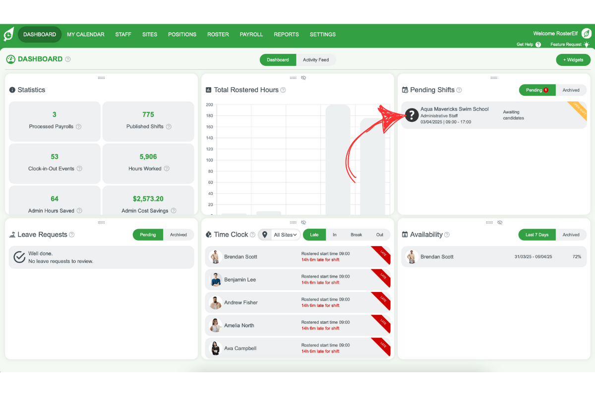 RosterElf dashboard highlighting a pending shift swap or open shift.