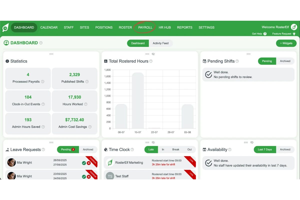 RosterElf menu with the Payroll tab selected