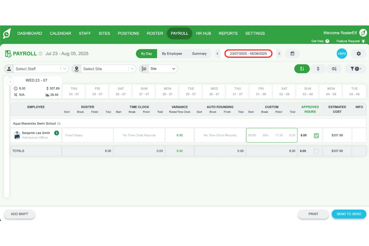 RosterElf payroll screen with the date range selector