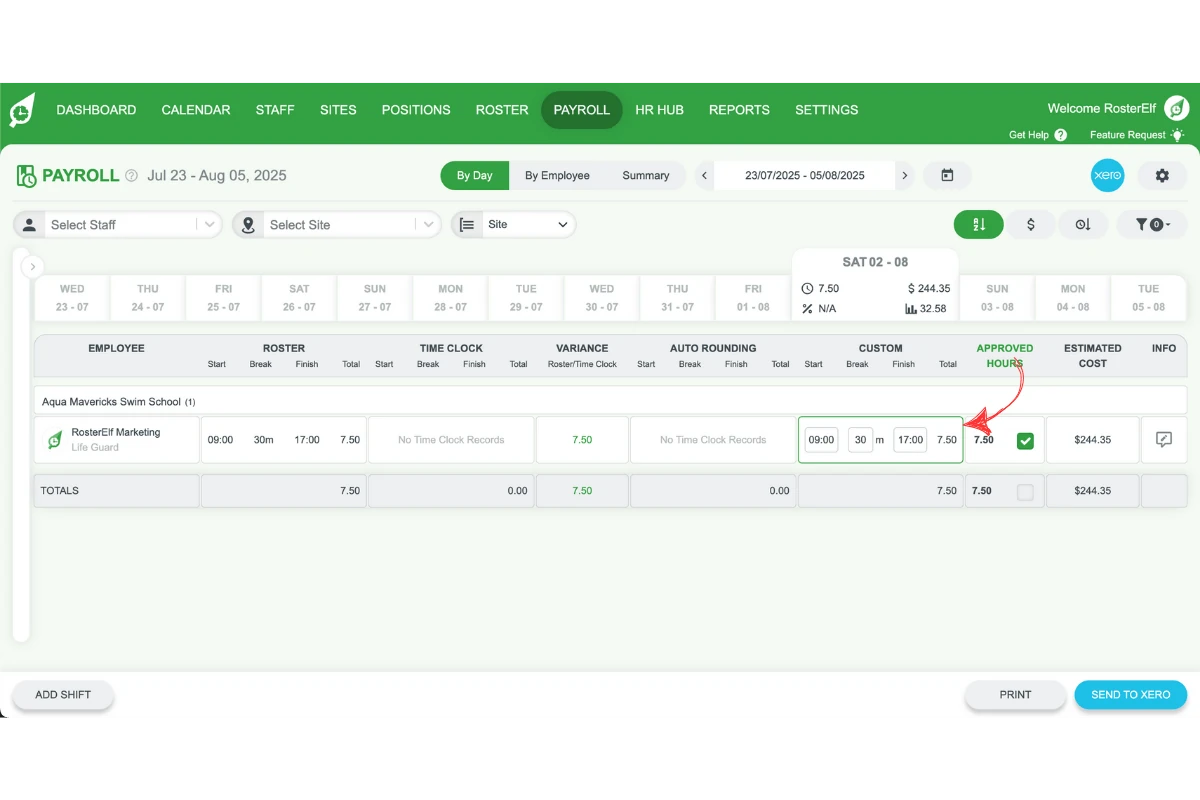Screenshot showing the Custom column in RosterElf payroll for manually adjusting shift hours