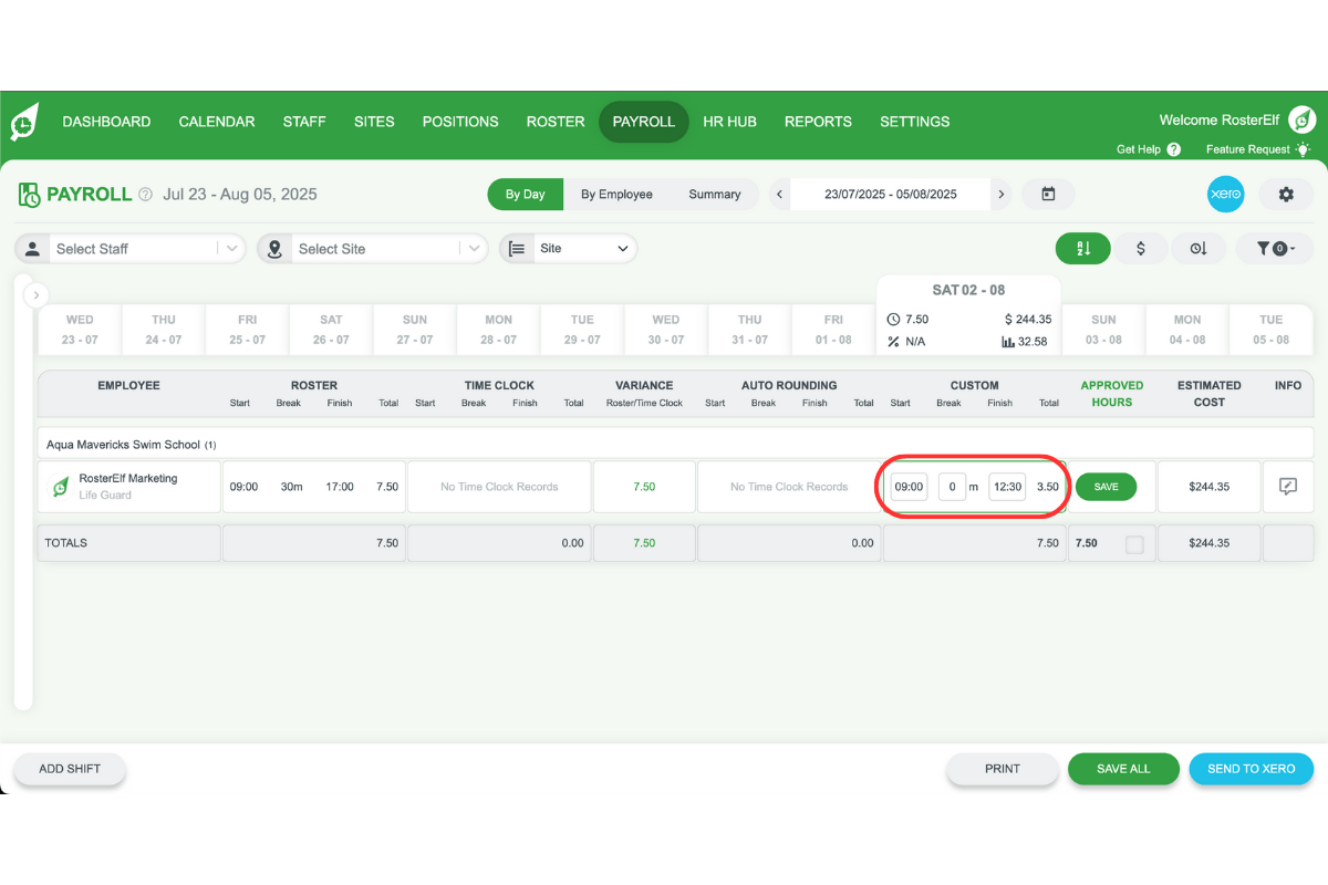 Payroll section in RosterElf