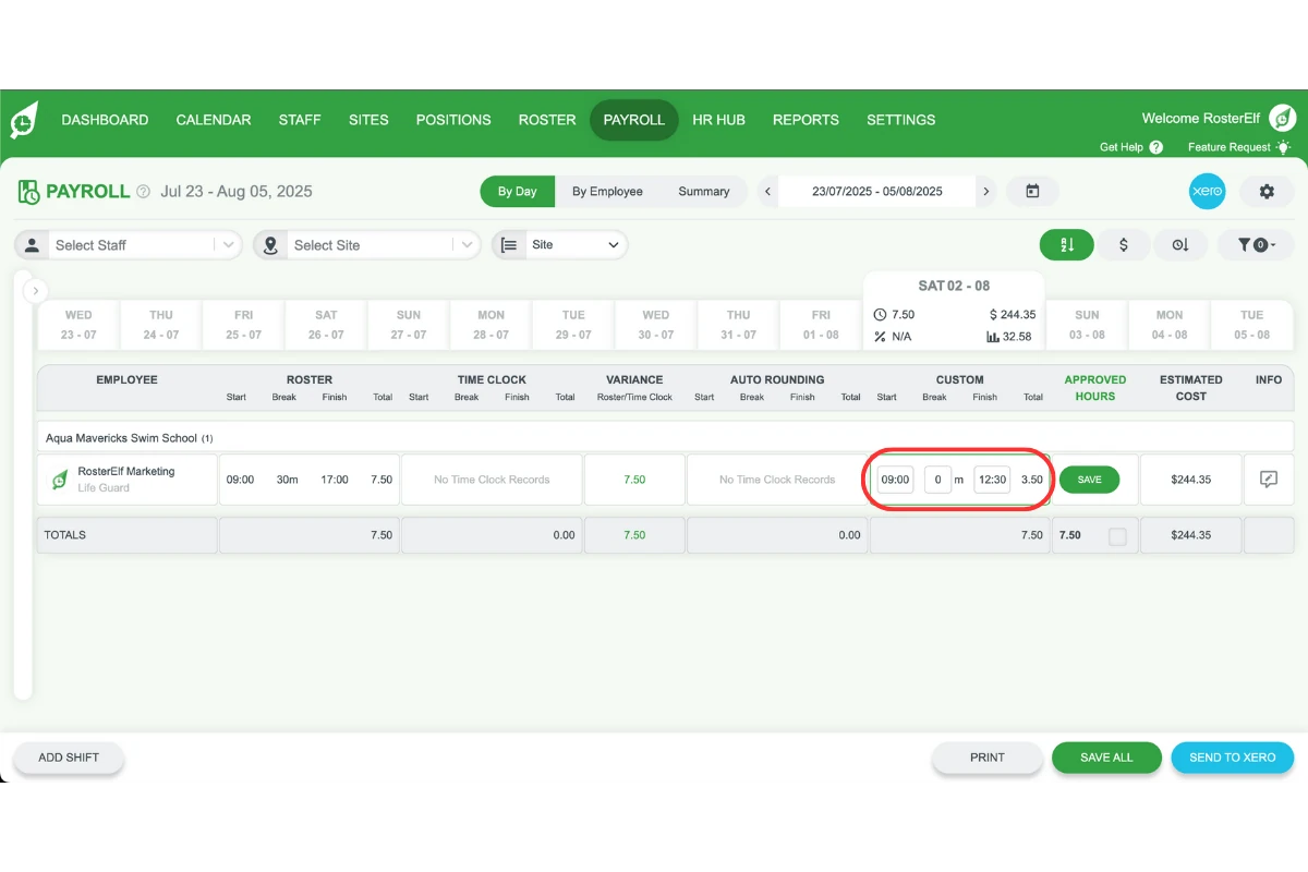 Entering corrected hours in the Custom column of RosterElf payroll