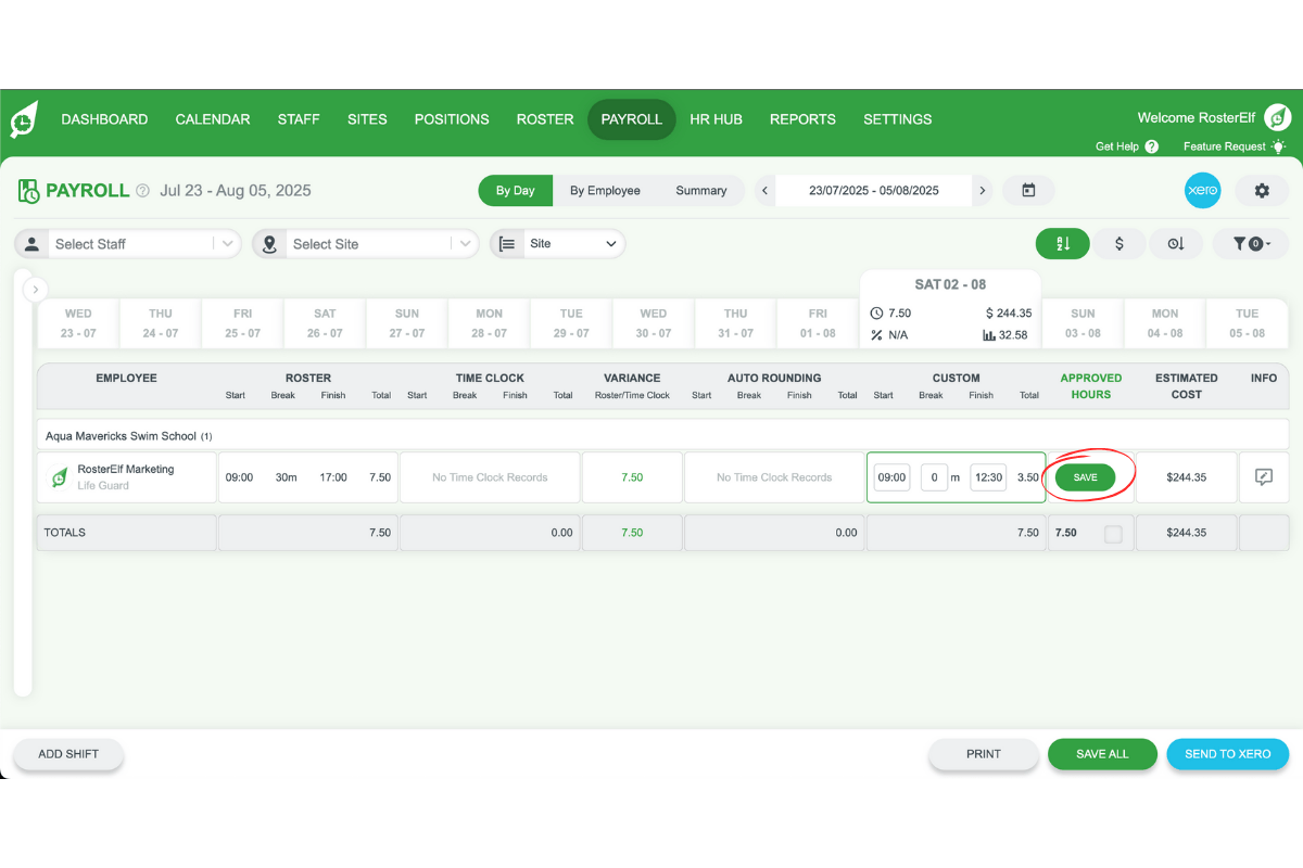 Payroll section in RosterElf