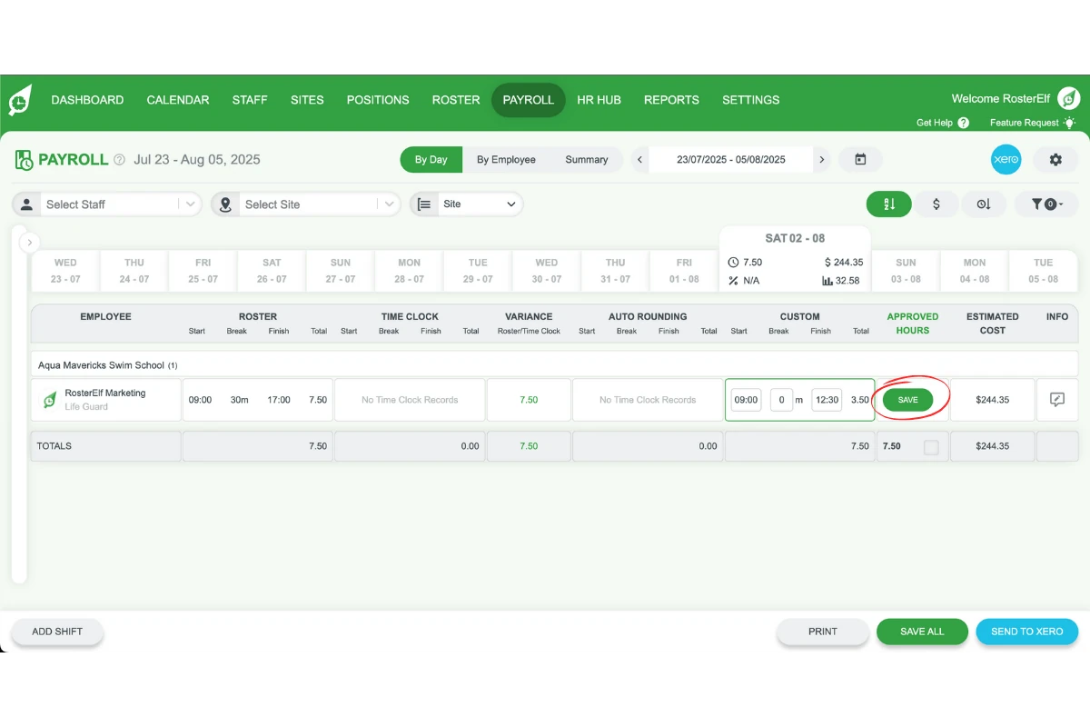 RosterElf payroll with the Save button to confirm adjusted hours