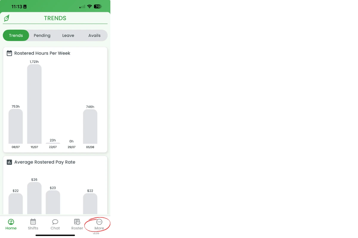 RosterElf app bottom menu with the More option