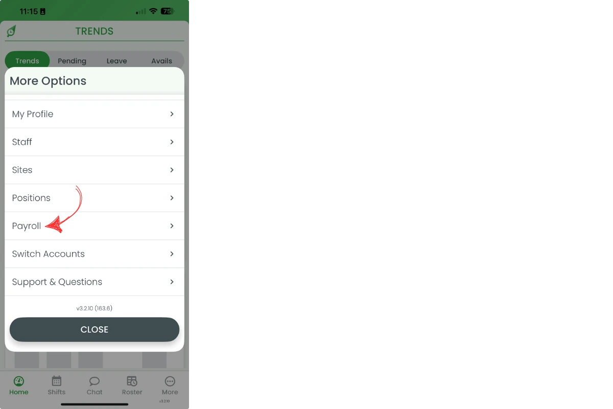 Screenshot showing the Payroll option in the RosterElf mobile app menu