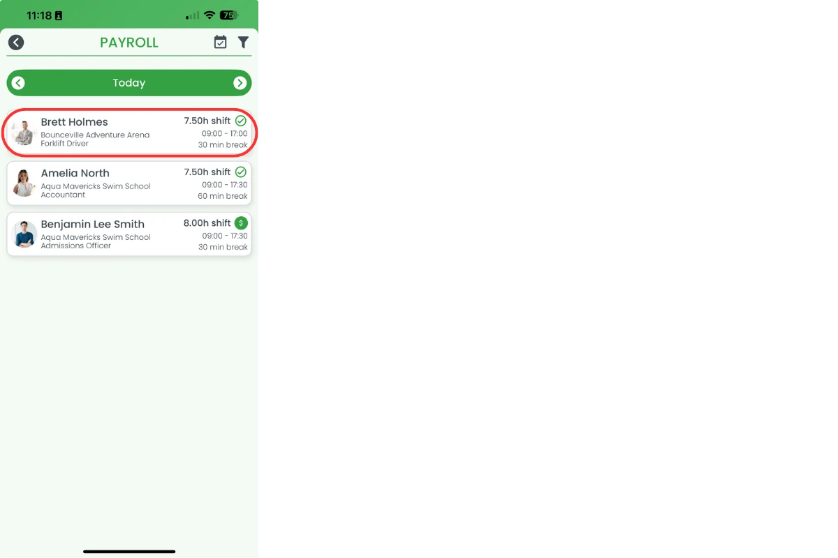 RosterElf app payroll list with a shift selected to edit