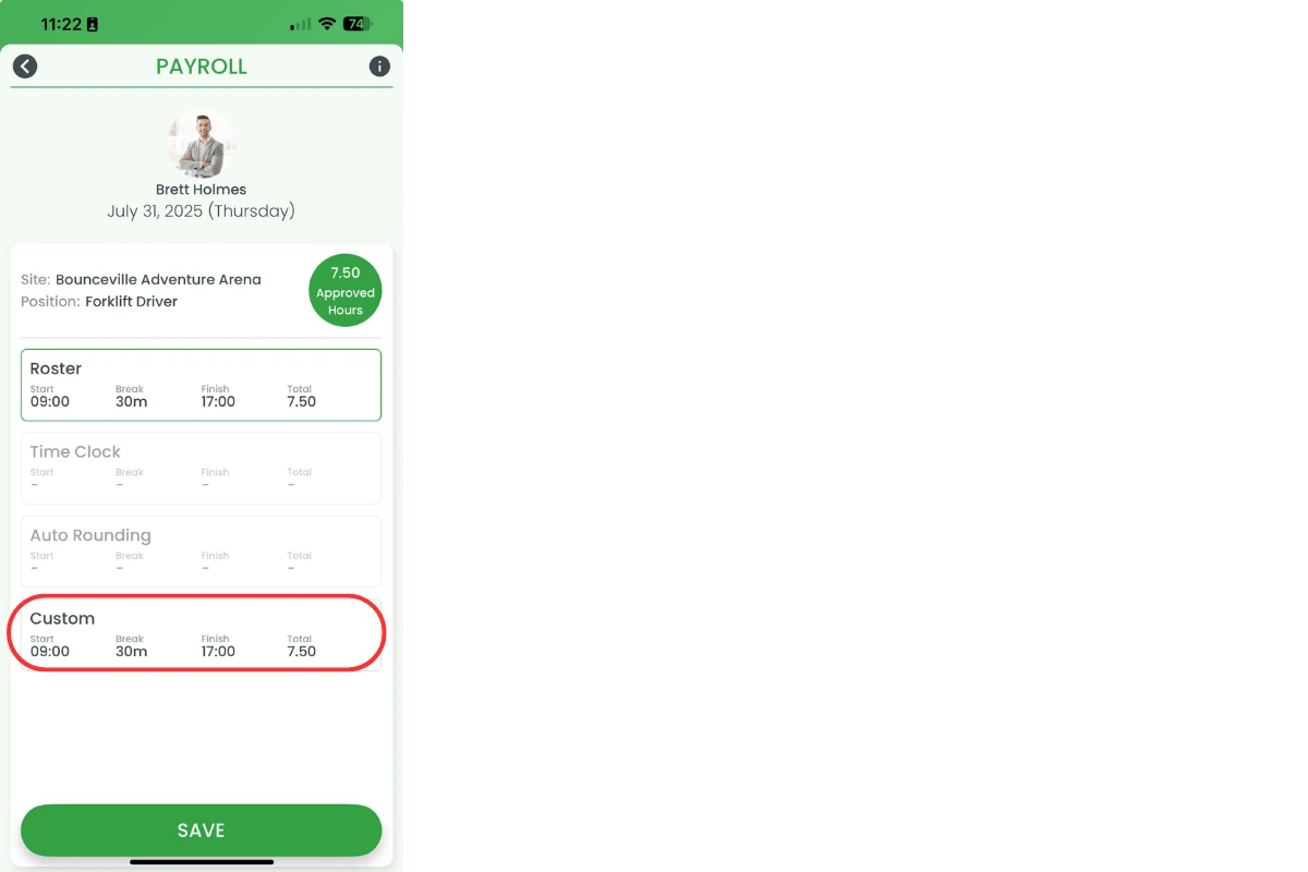 Tapping the Custom field to adjust hours in the RosterElf app